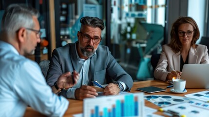 Fototapeta premium group of top-level executives engaged in a strategy meeting, reviewing key performance indicators and setting goals for the next year