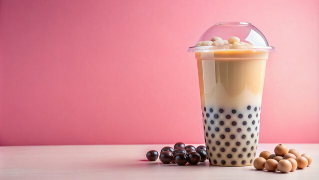 Plastic clear glass with delicious milk tea with tapioca balls. Milk bobba cold tea, summer drink on flat pink background with copy space, banner template.