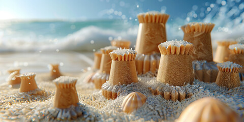 The Shifting Sands of Risk: A beach scene with market graph-shaped sandcastles.