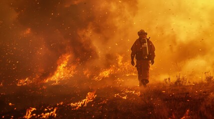 A firefighter battles raging wildfires fueled by dry conditions and gusty winds during bad weather, protecting communities and containing natural disasters