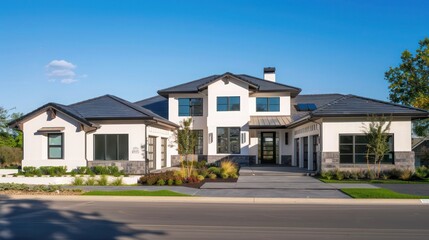 Minimalist luxury home exterior in a suburban setting, featuring a dark slate roof and white stucco walls Space for text required