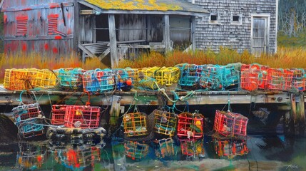 Vibrant lobster traps on a small Maine dock