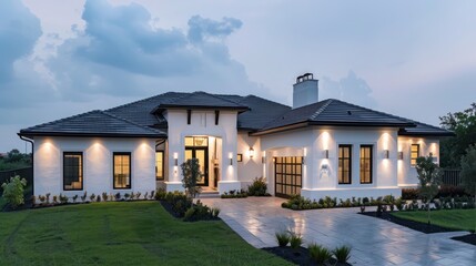 Minimalist luxury home exterior in a suburban setting, featuring a dark slate roof and white stucco walls Space for text required