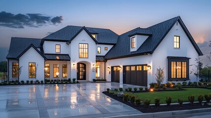 Minimalist luxury home exterior in a suburban setting, featuring a dark slate roof and white stucco walls Space for text required