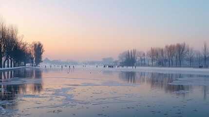 Fototapeta premium A frozen lake reflects the soft hues of a winter sunset, with ice skaters gliding gracefully on its smooth surface.