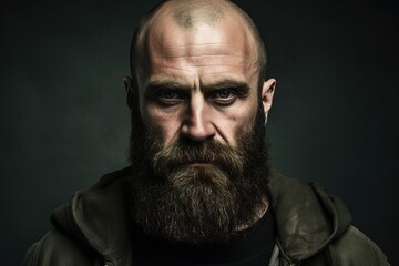 Obraz premium A man with a beard and a black hoodie is staring at the camera