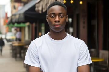 Fototapeta premium A young man with a shaved head and a white shirt stands in front of a restaurant