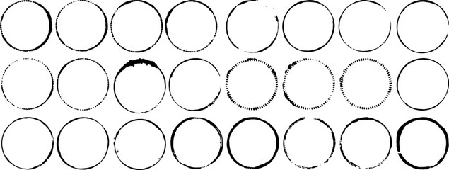 Vector set of 24 black ink circles. Each circle has a different size, shape, and texture. These circles could be used for design projects, graphic design, or artistic purposes.
