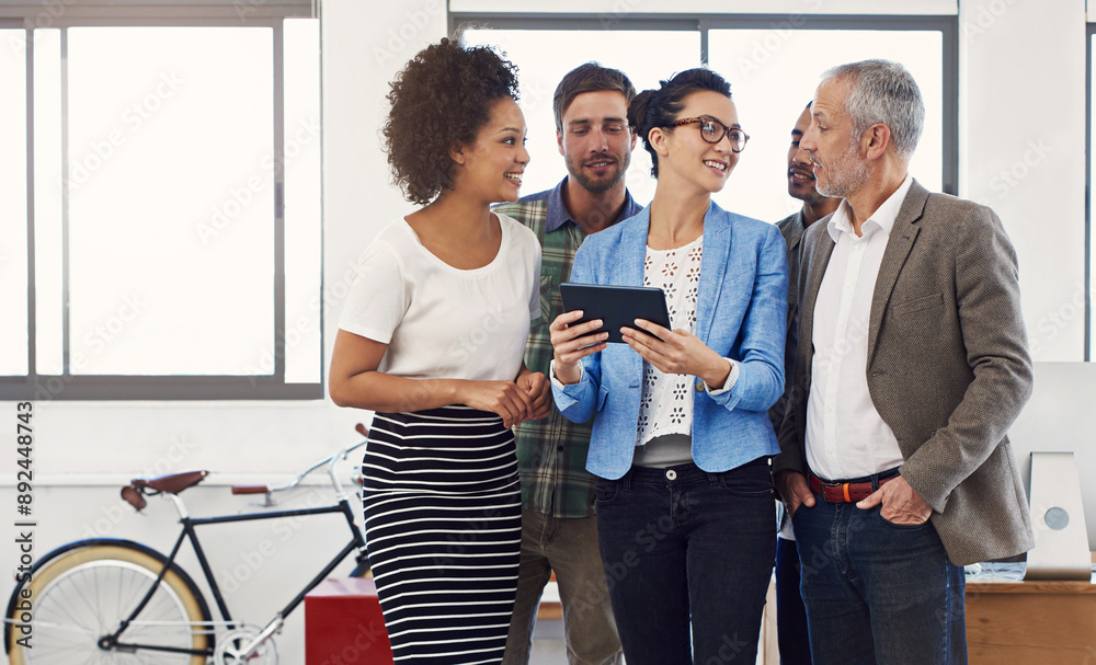 Aufkleber group, business people and graphic designer on tablet for planning, training or problem solving. cre