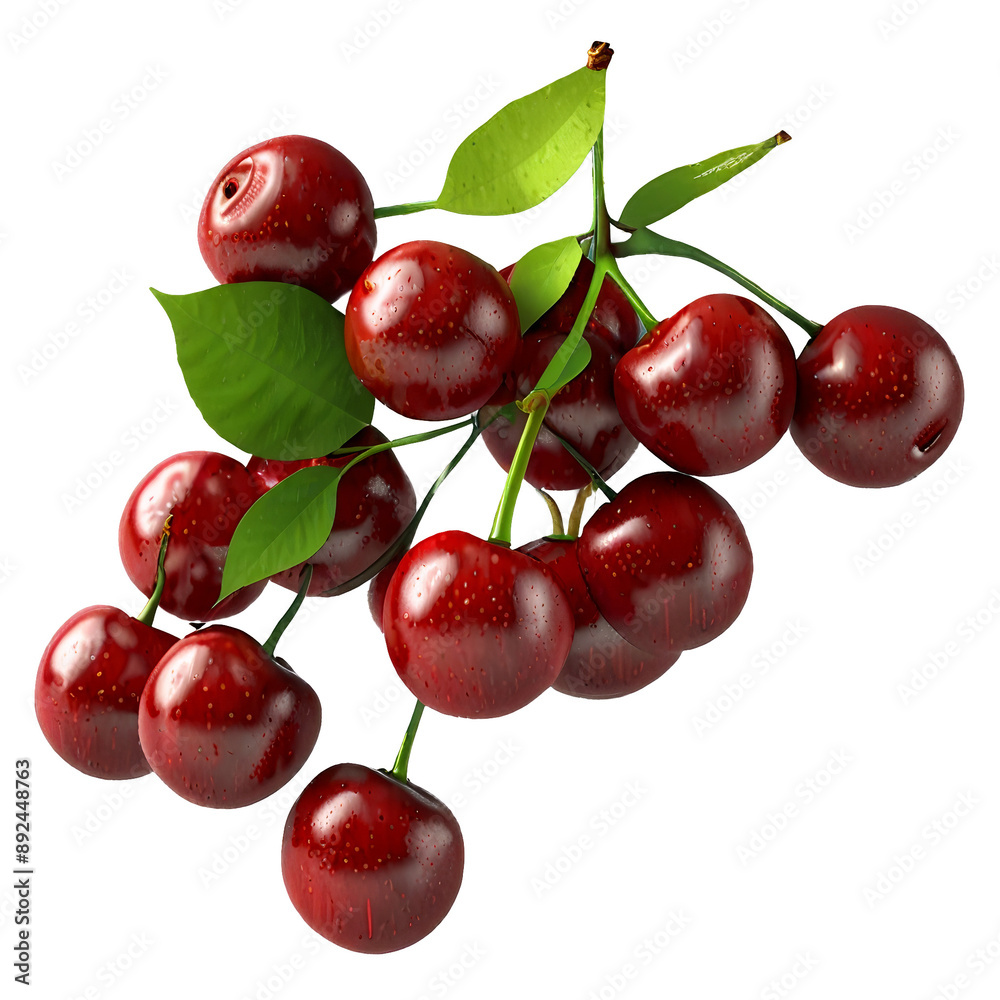 Poster red cherry, isolated on transparent background cutout