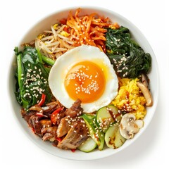 A close-up shot of a vegetarian bibimbap bowl with a fried egg on top