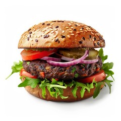 A mouthwatering veggie burger with fresh toppings, ready to be devoured