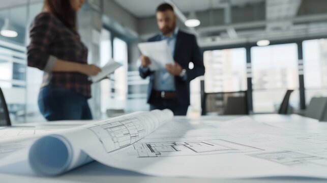 team of architects reviewing blueprints and discussing project details in a sleek, modern meeting room