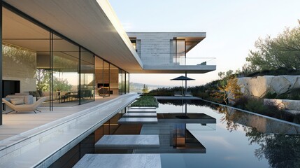 Fototapeta premium Minimalist luxury suburban home with a focus on large, open spaces and an integrated natural landscape