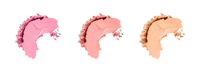 Cosmetic swatches of eyeshadows and blushes in dry and crepe textures in pink shades. PNG isolated brush strokes for product, cosmetics and beauty advertising