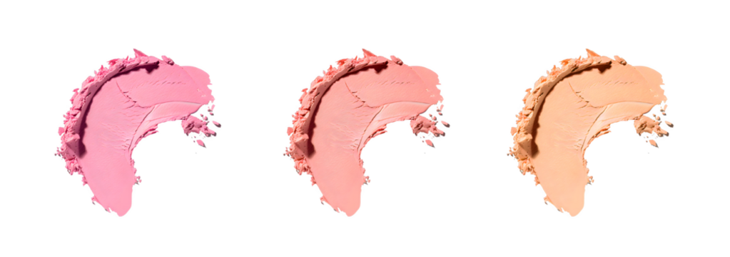 Cosmetic swatches of eyeshadows and blushes in dry and crepe textures in pink shades. PNG isolated brush strokes for product, cosmetics and beauty advertising