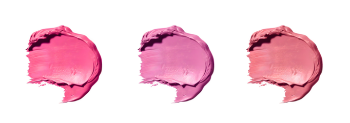 Cosmetic swatches of eyeshadows and blushes in dry and crepe textures in pink shades. PNG isolated brush strokes for product, cosmetics and beauty advertising