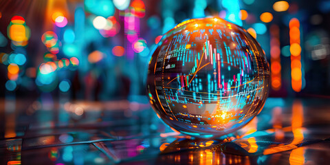 The Crystal Ball of Investments: A mystical ball with swirling market graph patterns, foretelling the future