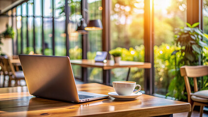 Serene atmosphere of a modern cafe with laptop and cup on wooden table, blurred background, and soft natural light, perfect for freelancing or studying concepts.