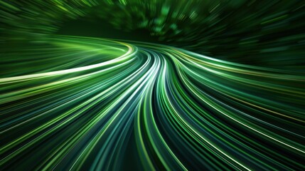 Obraz premium A green, blurry image of a winding road with a lot of lines. Concept of motion and energy, as if the road is constantly changing and moving