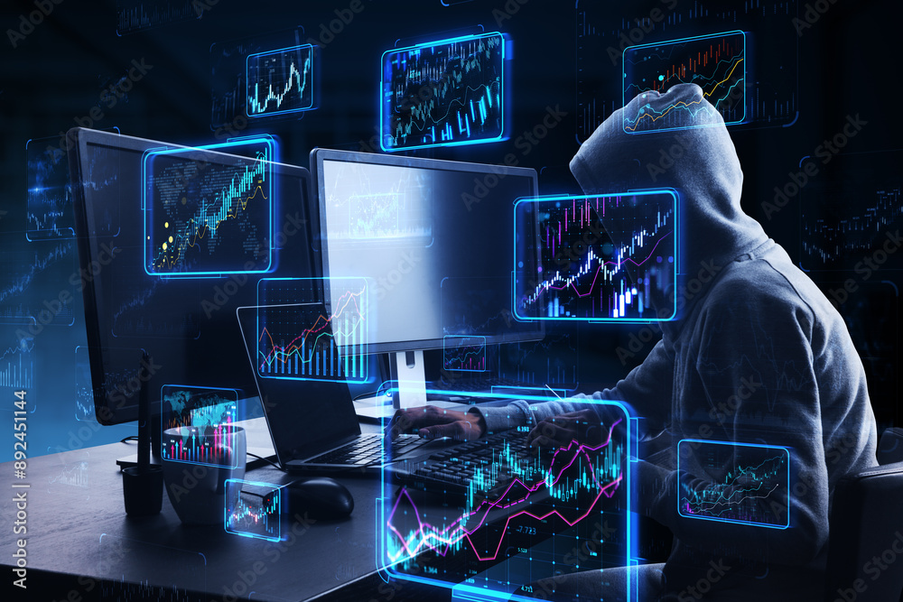 Poster A person in a hoodie analyzing multiple floating digital stock market charts on a dark futuristic background, concept of cyber security