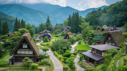 田舎の風情が漂う日本の茅葺き屋根の村