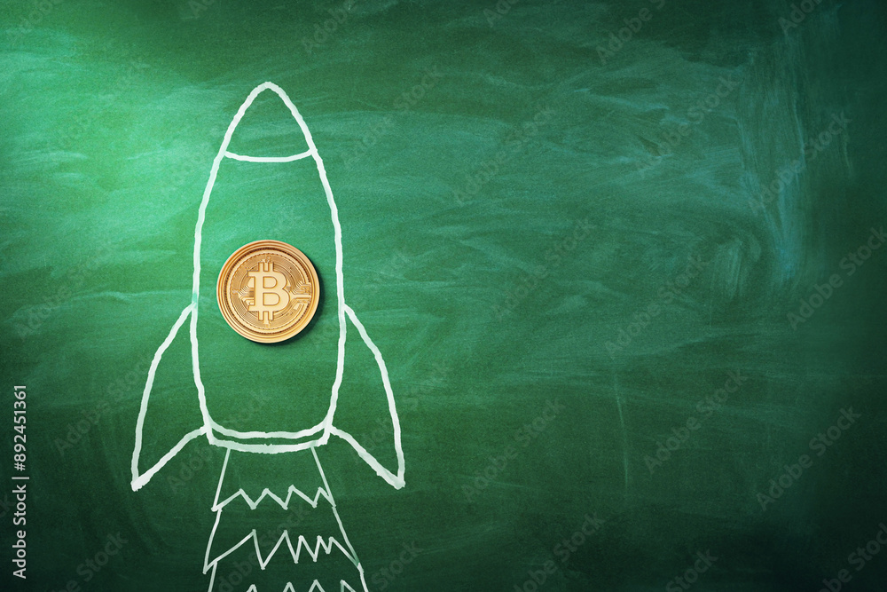 Poster a bitcoin coin on a green chalkboard with a drawn rocket, symbolizing financial growth or investment