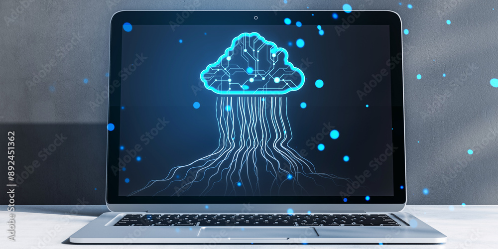 Aufkleber a laptop displaying a digital brain in cloud form with circuit connections, illustration style, on a