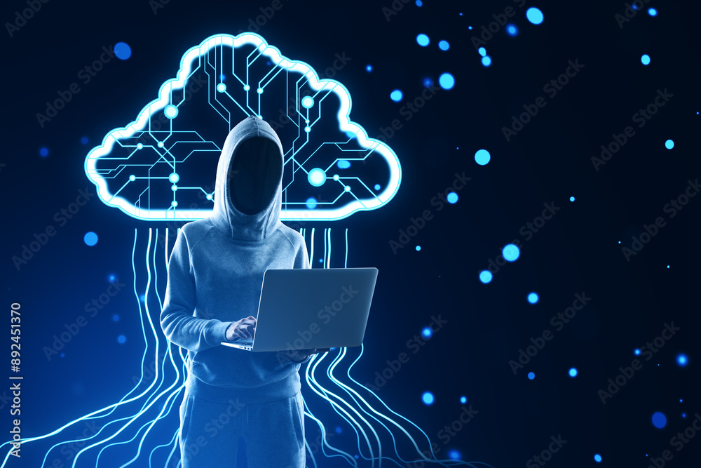 Poster a person in a hoodie using a laptop with a glowing digital brain concept on a dark blue background
