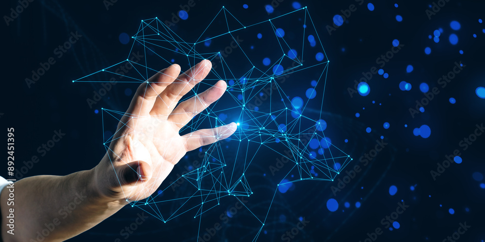 Poster hand interacting with virtual network connections on a dark blue background, illustrating the concep