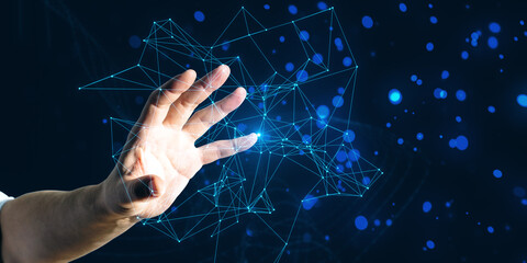 Hand interacting with virtual network connections on a dark blue background, illustrating the concept of technology and connectivity