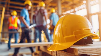 A construction worker is wearing a yellow hard hat. The photo is of a construction site with several workers