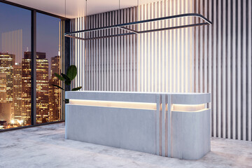 Modern office lobby reception desk with city view at night, luxurious and clean design, concept of corporate building entrance. 3D Rendering