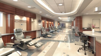 A hospital's dialysis center featuring comfortable treatment chairs, advanced medical equipment, and a supportive atmosphere.