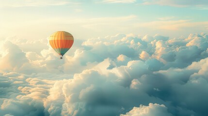 Fototapeta premium A hot air balloon floats among fluffy clouds, the vibrant colors of the balloon contrasting with the soft white of the clouds.