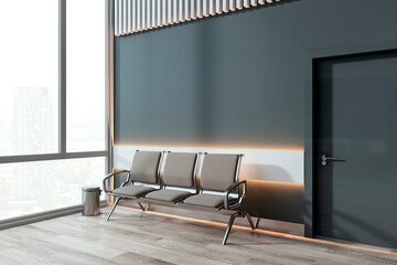 Modern waiting area with empty chairs, a large window with a city view, and a closed door in a stylish office interior, concept of minimalism. 3D Rendering