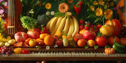 The Organic Symphony: Fresh fruits and vegetables create a rainbow display on a dining table, accompanied by musical instruments
