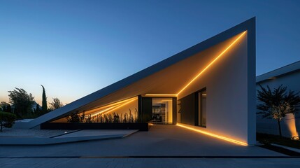 Minimalist suburban home with a sharp, angular design, featuring hidden lighting that illuminates the structure at dusk