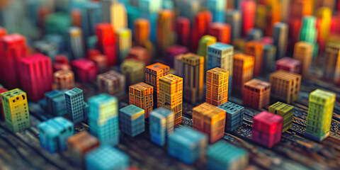 Obraz premium The Colorful Civilization: A miniature cityscape, made of colorful blocks, resting on a wooden surface