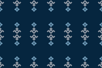 Traditional black ethnic motifs ikat geometric fabric pattern cross stitch.Ikat embroidery Ethnic oriental Pixel blue background.Abstract,vector,illustration. Texture,decoration,wallpaper.