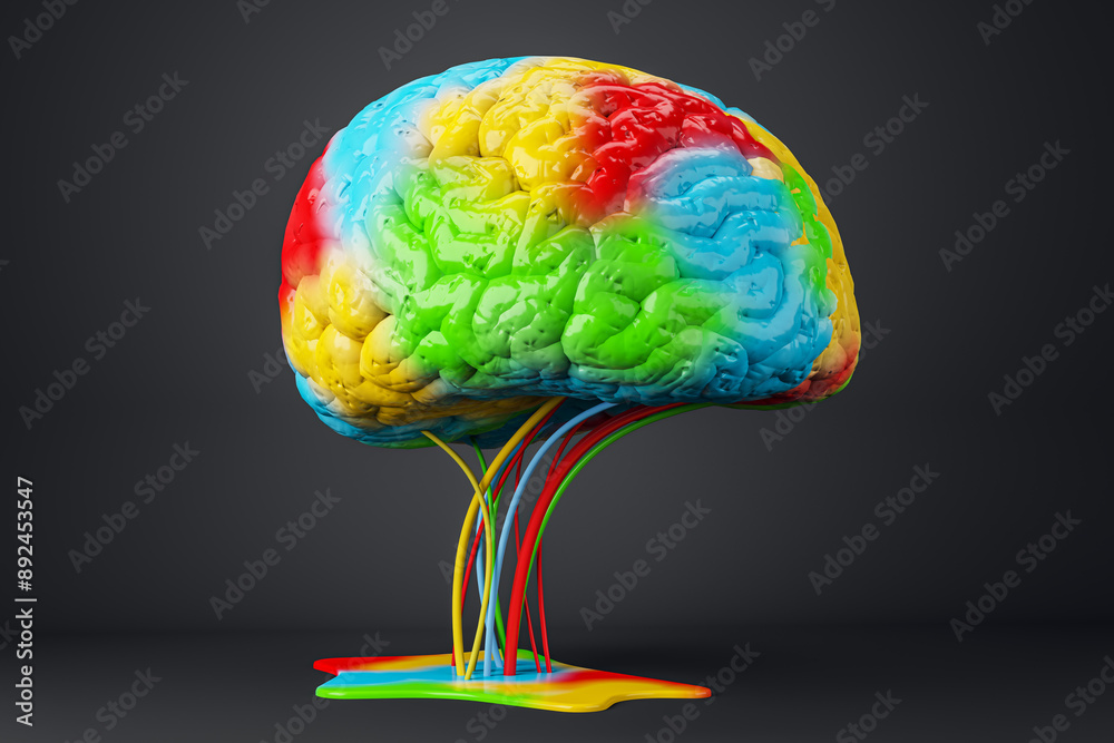 Poster A colorful brain sculpture with melting paint effect on a dark background, illustrating the concept of creativity and brainstorming. 3D Rendering