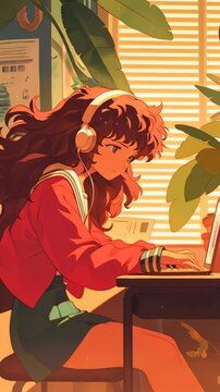 Dreaming cute anime girl in romantic summer evening