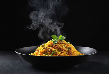 Rice with meat, bulgur,Uzbek steamed pilaf in a black bowl and butter served on a wooden table ready to eat. Generative AI