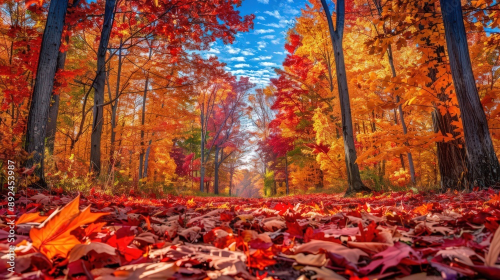 Sticker A maple forest ablaze with red, orange, and yellow leaves under a crisp blue sky, the ground carpeted with fallen foliage.