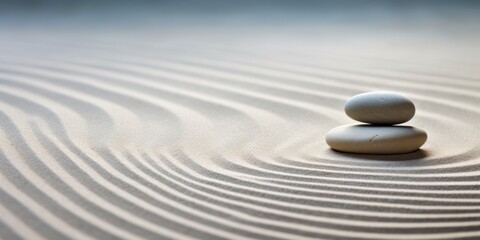 A serene Zen garden with Stones With Lines On Sand - Spa Therapy - Purity Harmony and Balance for Meditation or Relaxation Concept. copy space for text or design elements