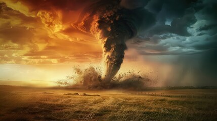 A massive tornado touches down in an open field, its funnel stretching from the sky to the ground.