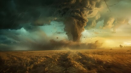 A massive tornado touches down in an open field, its funnel stretching from the sky to the ground.