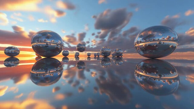 3D rendering of reflective spheres on a mirrored surface at sunset with dramatic clouds