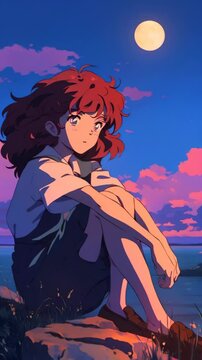 Dreaming cute anime girl in romantic summer evening