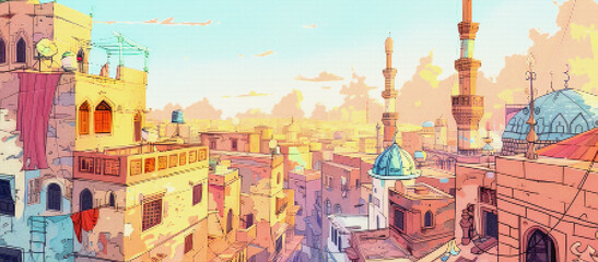 aged heritage mosques, egypt pixels neon lighting at morning soft pastel colors arab Muslim city children book illustration style, day light video game pixels